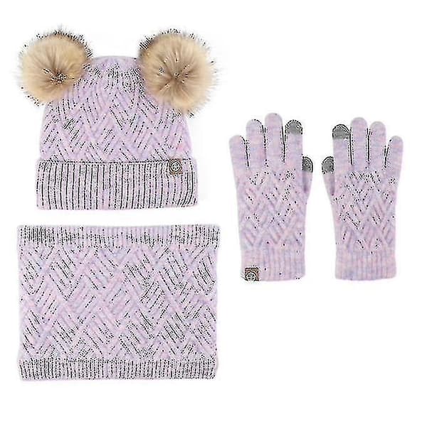 Barnmössa Halsdukshandskar Set Winter Knit 3 Set（Lila）