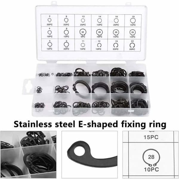 Förpackning med 300 E-clips låsringar, sortiment av externa låsringar, C-clips, låsbrickor, 2mm-32mm.