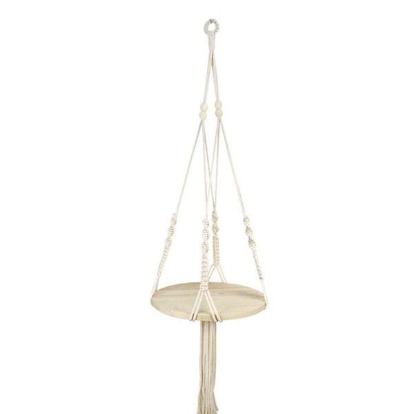 Nordisk Macrame-växtupphängning med rund träbricka, vävda tofsar, inomhusupphängd planteringshylla, blomkrukahållare