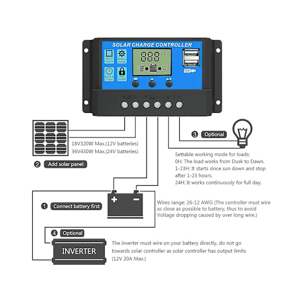 Solcellsladdningsregulator, 30A solpanelregulator 12v/24v Pwm automatisk parameterjusterbar LCD-display solpanelbatteri