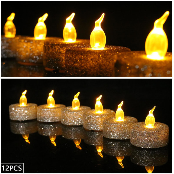 12 kpl Led Glitter Tealight Kynttilät Liekittomat kynttilät Paristokäyttöiset Votive-kynttilät keltaisella valolla jouluksi Häiden keskiosa Syntymäpäivä