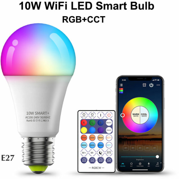 10W Smart Glühbirne Wi-Fi LEDs Birnen 2700K-6500K RGBW E27 Sprachsteuerung Timer für Home Party Decor (2 Packungen Glühbirne +1 Fernbedienung)