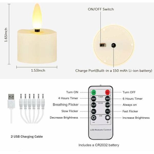 Uppladdningsbart värmeljus med fjärrkontroll LED värmeljus Blinkande flamlösa ljus med timer för julgranspåskbröllopsfest [Pack med 6]