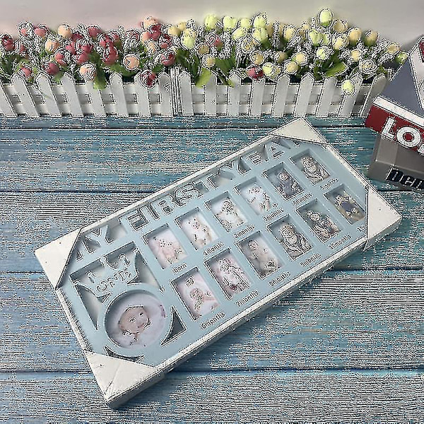 Baby Ettårig Fotoram Baby Souvenir Fotoram Minne Heminredning Pojke och Blå