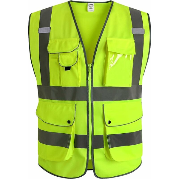 9-fickor Klass 2 High Visibility-väst med reflekterande remsor framtill, gul Överensstämmer med EN ISO 20471-standarder - unisex (X-Large)