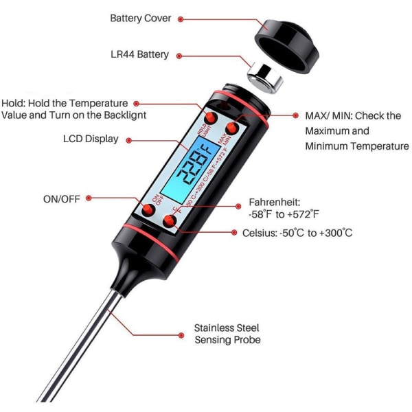 Keittiön digitaalinen ruoanlämpömittari, grilli, paistolämpötilan mittaus, elektroninen ruokaneulalämpömittari, näyttö, BBQ-lämpömittari, musta