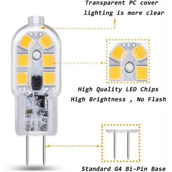 G4 LED 12V 2W Varmvitt 3000K, 200lm, 6-pack Halogenlampor motsvarande G4 10W 20W, ej dimbar, Bi-Pin G4 12V LED AC DC