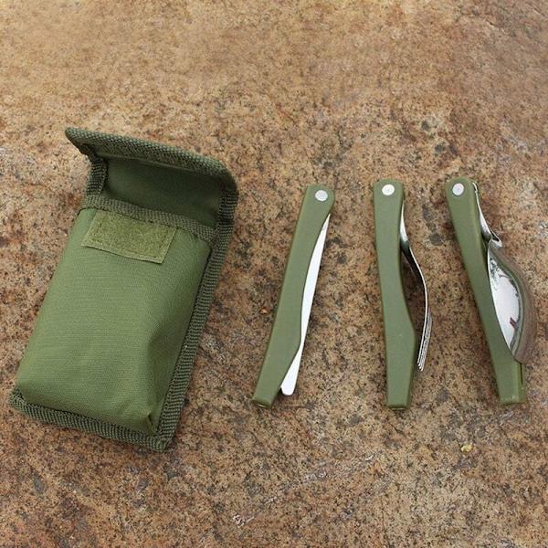 3 stk. - Rustfrit stål sammenklappeligt bestik til camping, picnic, knive, gafler, skeer (Army Green)