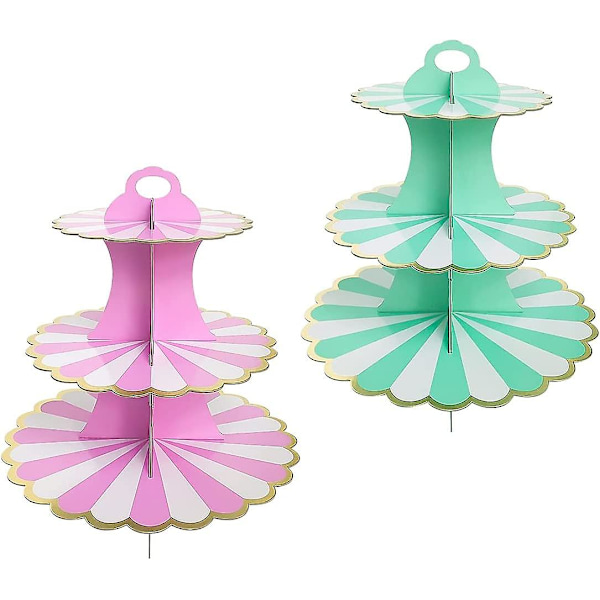 3-vånings tårta display kartong dessertbricka (rosa + grön) 2 stycken