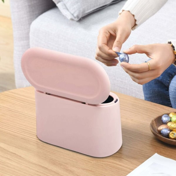 Liten bordspapperskorg med snäpplock för kontor, badrum, kök och sovrum, husdjursmatförvaring (rosa)