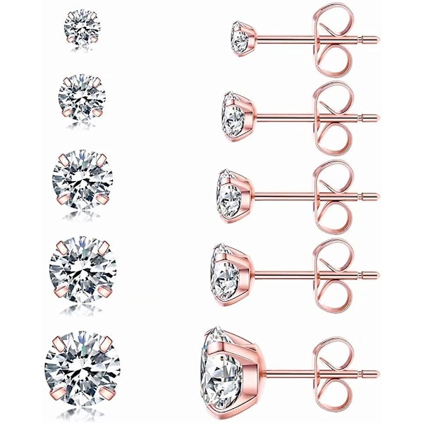 5 Par Stud Øreringe Sæt, Hypoallergenisk Kubisk Zirkonia 316l Øreringe Rustfrit Stål Cz Øreringe 3-8mm, Rosenguld