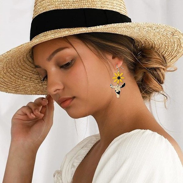 Våren Sommer Gul Solsikke Leopard Ku Polymer Leire Ku Skinn Dropp Dangle Ørepynt For Kvinner Jenter Søte Blomster Strand Vestlig Statement Chee