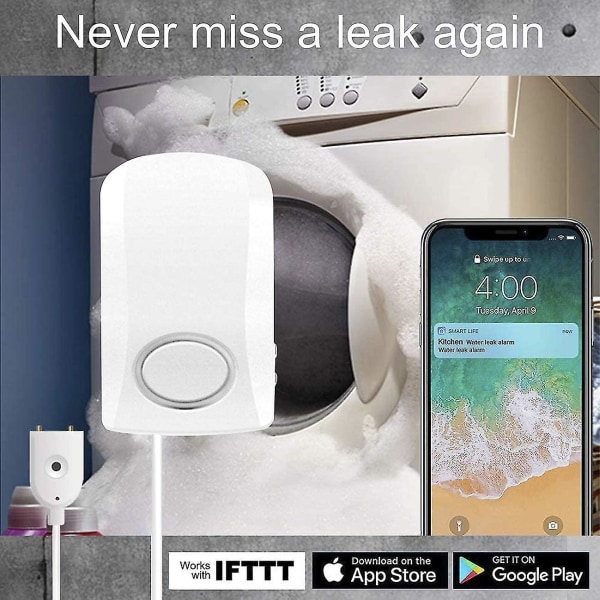 Vattendetektor, Wifi-vattenlarm, 130db Superhögt vattenläckagelarm, Wifi-vattensensor, Vattenläckagedetektor med Tuya/smart Life-app, Trådlös vattenläcka