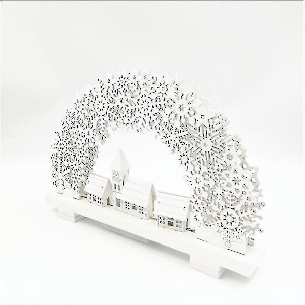 Snöflinga båge och by scen bord juldekoration, trä, vit