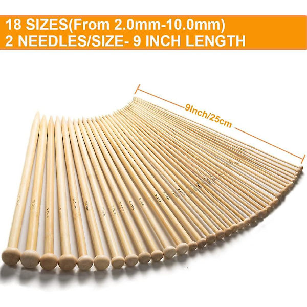 36-delad stickningsnålset i bambu, Betybedy enkelspetsiga stickor, 9\" (18 storlekar, 2,0 mm-10,0 mm)