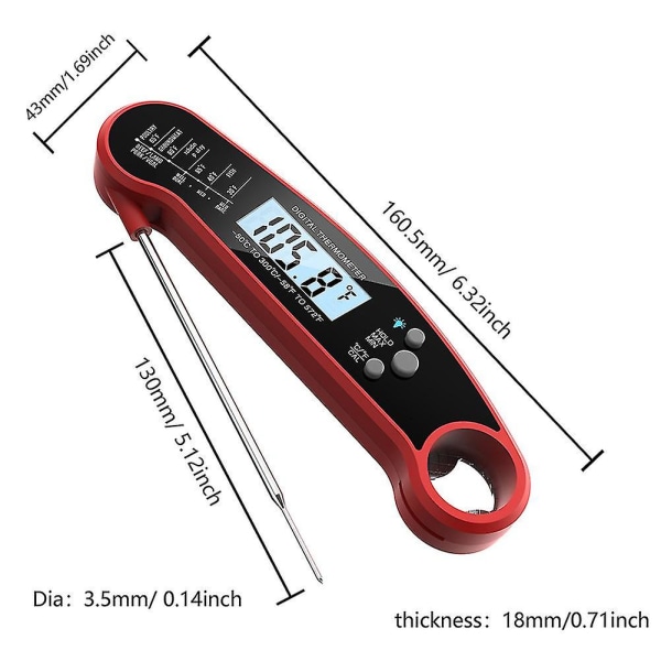 Vattentät kötttermometer med LCD-bakgrundsbelysning, snabb, exakt, hopfällbar sond