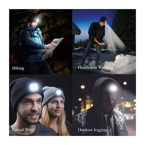 M??ssa med LED-lamppu USB-laddning, utomhusbelysning, neulottu hattu säädettävällä LED-valolla