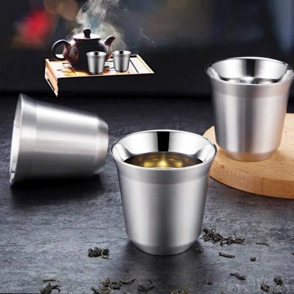 Set med 2 80 ml espressokoppar i rostfritt stål termokopp isolerade te-kaffekoppar dubbelväggig mockakopp med rostfritt stål underlägg