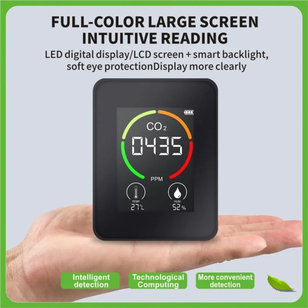 3 i 1 kuldioxiddetektor CO2-detektor termohygrometer intelligent luftkvalitetsanalysator hushålls digital luftföroreningsmonitor - svart