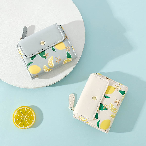Söt citron blixtlås ficka tri-fold liten plånbok myntväska (grön, citrontryck)
