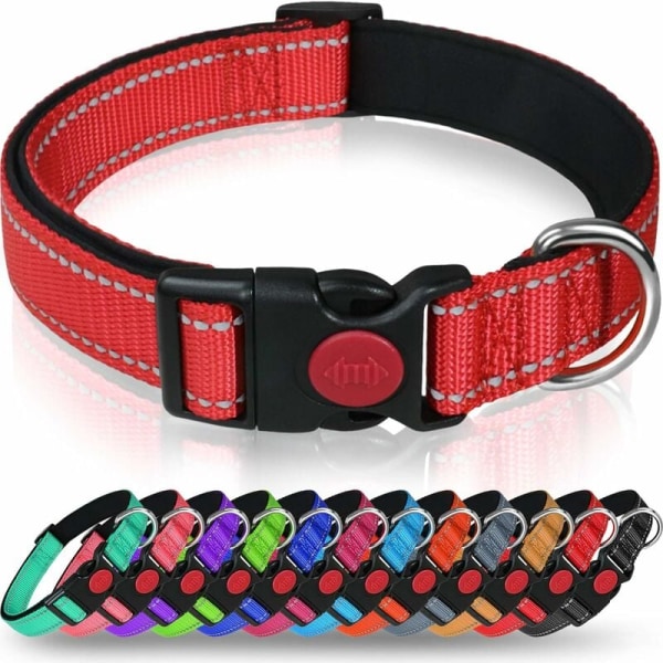 Hundehalsbånd, klassisk justerbart reflekterende nylonhalsbånd med polstret blødt åndbart mesh til mellemstore hunde, M, rød