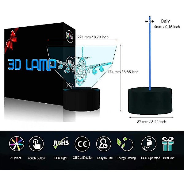 Flyvemaskine Natlampe 3d Illusion Lampe 7 Farve Skiftende Touch Control Med Usb Kabel Led Ta