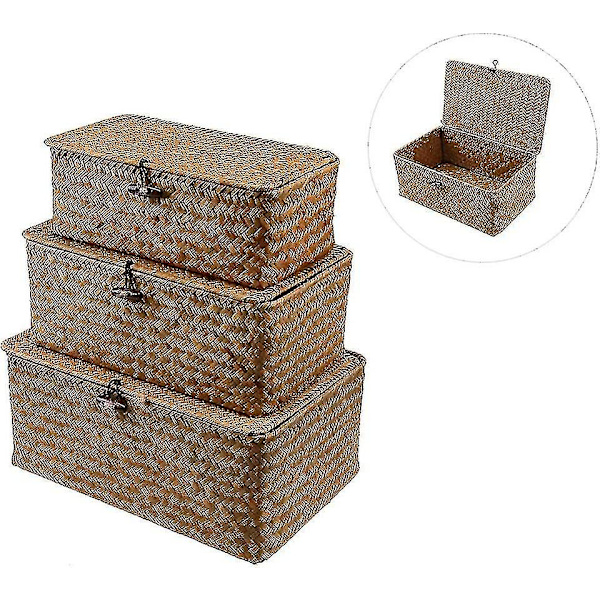 Vävd korg flätad korg med lock Seagrass Tvättservice Rotting Organizer Box för badrum Vardagsrum Kök