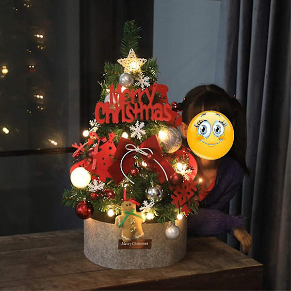 Dekorativt träd, konstgjord bordsjulgran med LED-prydnader med bas, belyst julgran för heminredning