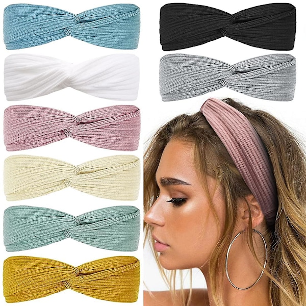 Boho-Hårband för Kvinnor, Halksäkra Twist-Hårband för Kort Hår, Mode Sommar Hårtillbehör, Enskilda Färger, 8-pack