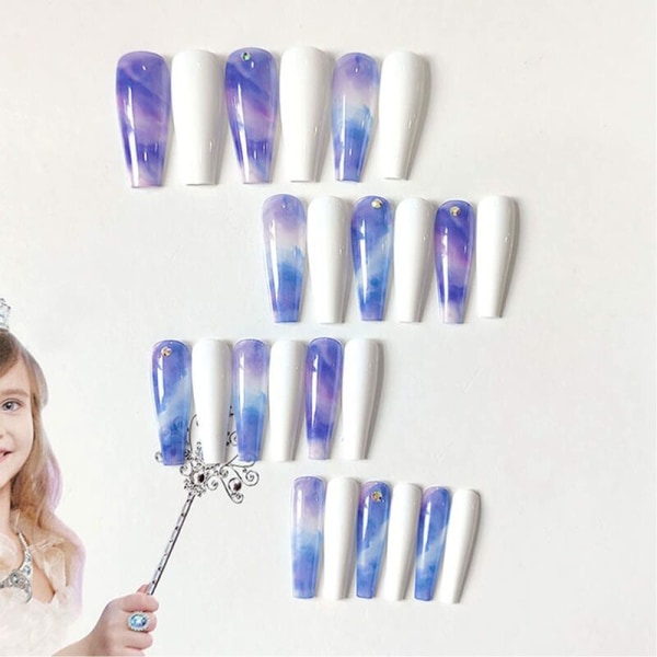Art Nails pitkät tekokynnet Wave kynsinauhoitteet 24 kappaleen pakkaus naisille ja tytöille Valkoinen ja violetti