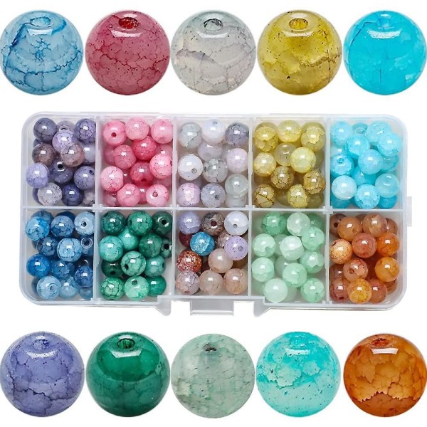 Crackle glaspärlor för hantverk, paket med 200 ädelstenspärlor, 8 mm, runt färgglatt armband, hantverkspärlor, 10 färger