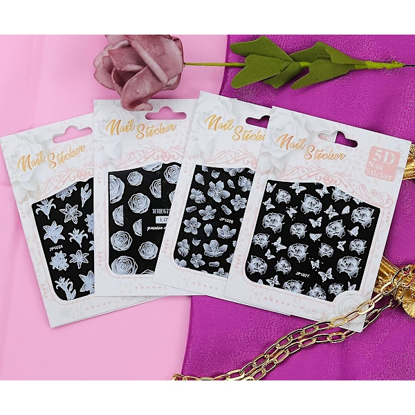 Blommor Nagelsticker Dekaler 4 ark 5d Nagelsmycken Embossade Nagelsmycken Dekoration Gradviss Förändring Vita Blommor Fjäril Design För Kvinnor Och