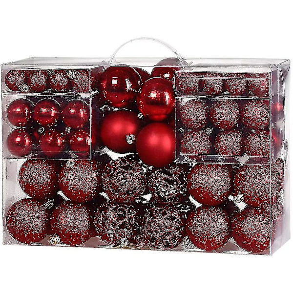 Paket med 100 julgranskulor, julgransdekorationer, julgranskulor, 100 metallkrokar, hängen, okrossbarröd