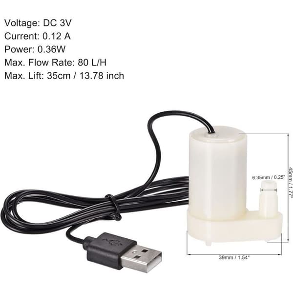 Mikro dränkbar minivattenpump med USB-kontakt DC 3V vertikal modell för växtvattning.