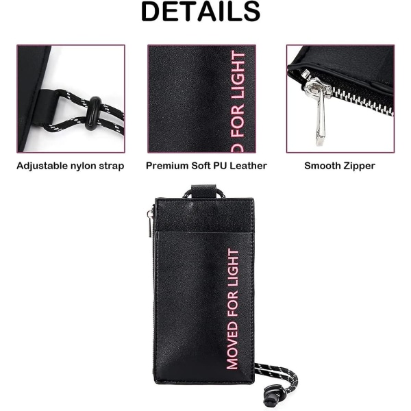 Plånbok med dragkedja för damer med lanyard passväska mobiltelefonhållare myntväska (svart)
