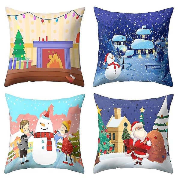 Jultryckt Kuddfodral Polyester Soffa Bil Kuddeöverdrag Heminredning 4st
