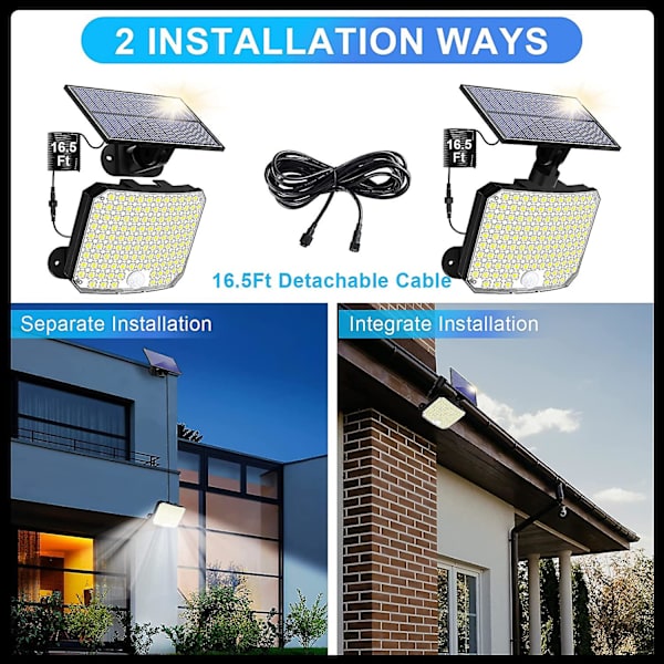 108 Led Solar Motion Sensor Flood Lights Med Fjärrkontroll, Ip65 Vattentät Solar Powered Security Spot Lights Med Kabel För Uteplats, Garage, Veranda, Yardsol