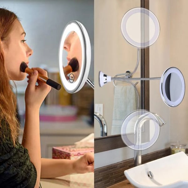 Flexibel förstoringsspegel med LED-ljus, 10x förstoring, stark sugkopp - Upplyst sminkspegel med antireflexbelysning