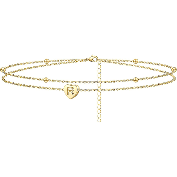 Initial Heart Ankle Bracelet Layered Heart Letter A To Z Bead Chain Anklet For Women 14k Real Gold Plated Beach Jewelry