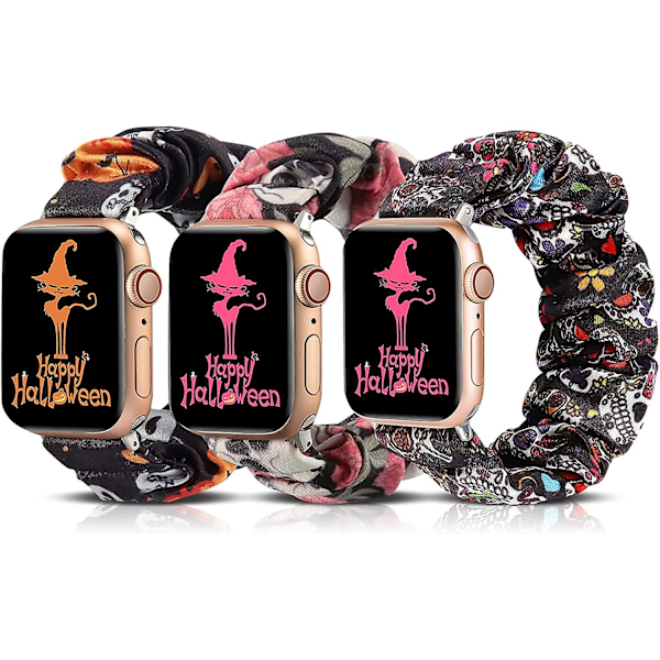 3-pack Kompatibla med Apple Watch Band Halloween Scrunchies 42mm Tyg Mjukt Mönster Tryckt Tyg Armband Kvinnor Iwatch Elastiska Scrunchy Band 44mm