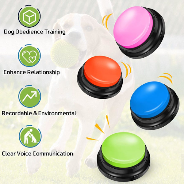 4 Buzzere med lyd til hunde. Buzzer med lydknap og optagefunktion til interaktion med hunde.