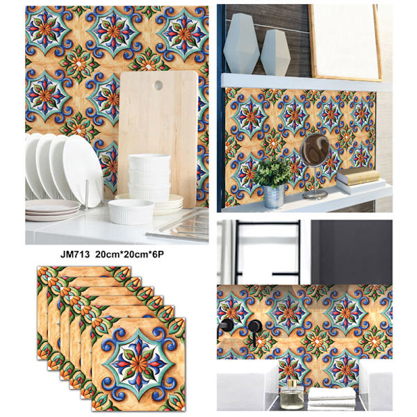 TTIO 6 st/set 20 x 20 cm Multifunktionella självhäftande PVC-kakeldekaler Klassiskt mönster Vattentäta väggtrappdekaler