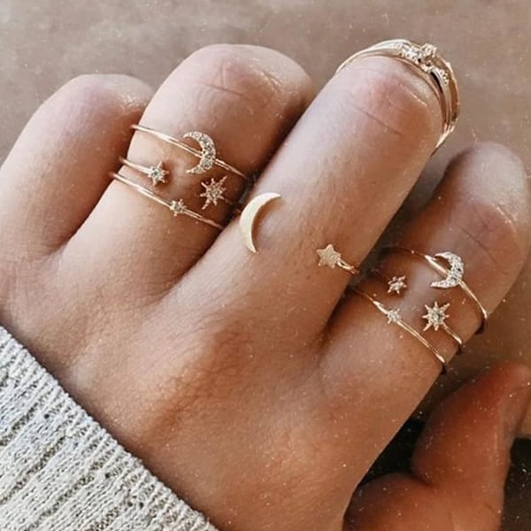 Baicccf Boho Gull Stakkbare Ringer For Kvinner Gull Knuckle Ringer Sett Enkle Stjerne Måne Blomst Ringer For Tenåringsjenter Stakkbare Estetiske Ringer Gaver For Tee