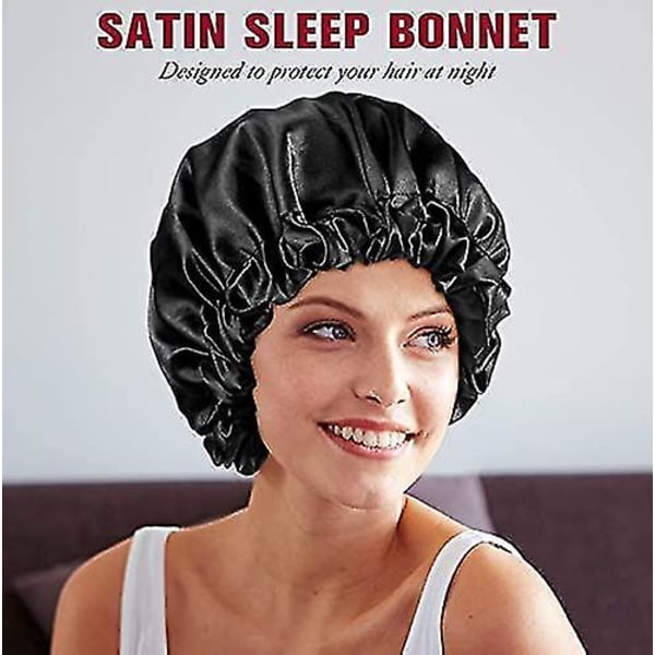 Kvinnor Large Satin Night Sleep Bonnet Silkeslen för långt lockigt hår Dubbel-1