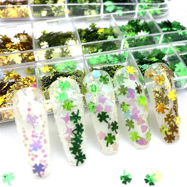 Shamrock Nagelsticker Dekaler Nagelglitter St. Patrick's Day Klöver Glittrande 3D Nagelkonstmaterial Flakes Holografisk 12 Rutor Färgglad Grön Glitter S