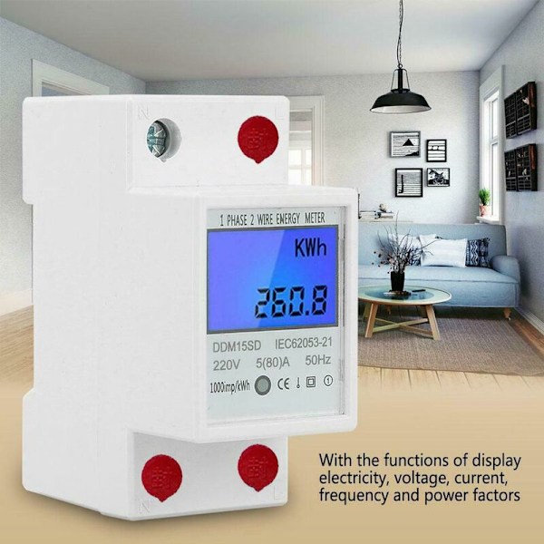 LCD AC-amperemeter kalibrerad för DIN-topphatt-skena 5(80)A AC 230V