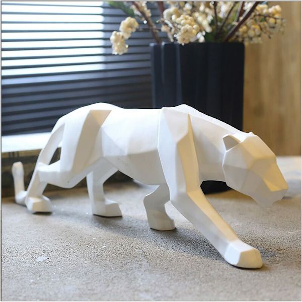 Panterstaty Leopardskulptur Hemkonst Hantverk Prydnader Modern Abstrakt Geometrisk Harts för Vardagsrum TV-skåp Dekoration Vit Liten 25 cm