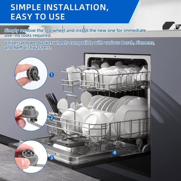 Set med 8 universalhjul för diskmaskinens underkorg (kompatibla med Bosch/Siemens/Neff).