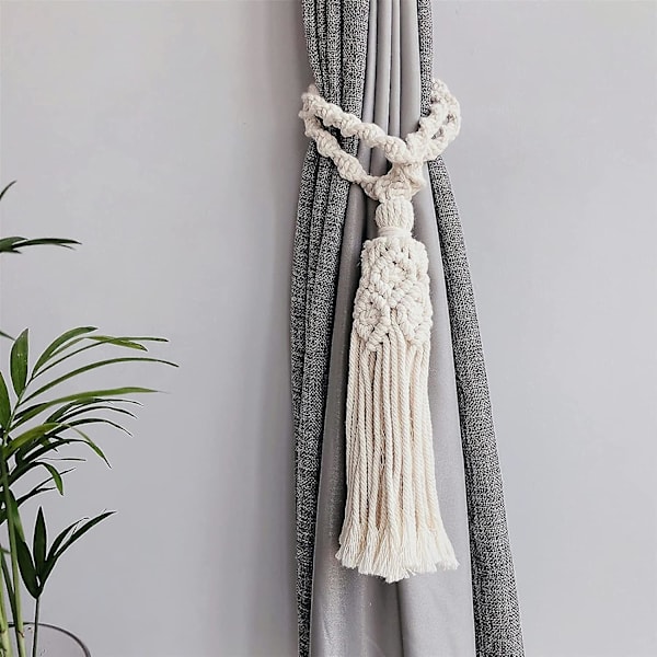2-pack Boho gardinbindningar Beige handgjorda gardinsnöre med tofsar
