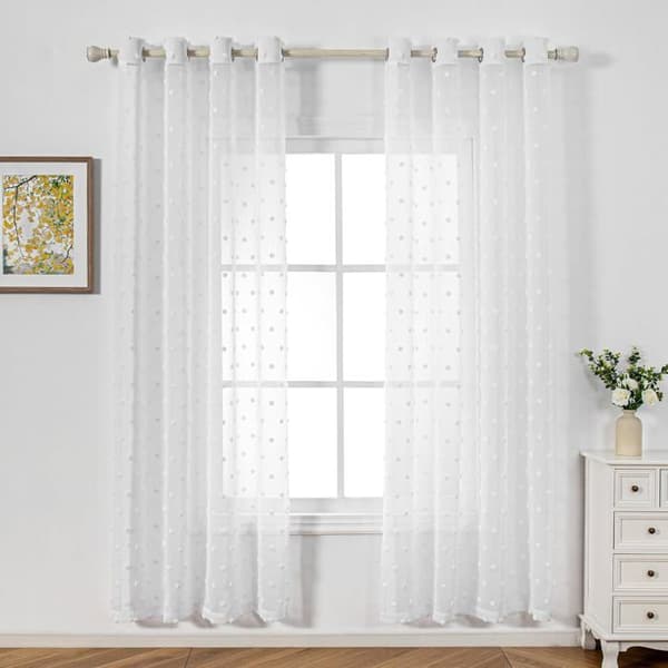 Sæt med 2 hvide voile-gardiner med maljer og broderede kvaster, semi-transparente, til stue og børneværelse.